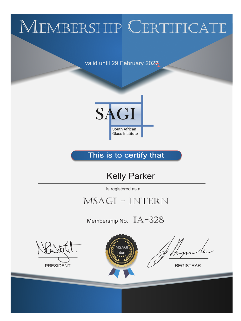 Kelly Parker South African Glass Institute membership certificate