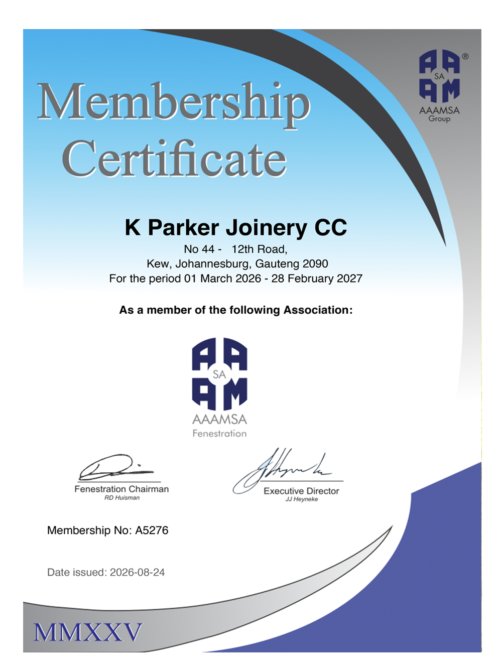 K Parker Joinery AAAMSA Fenestration membership certificate