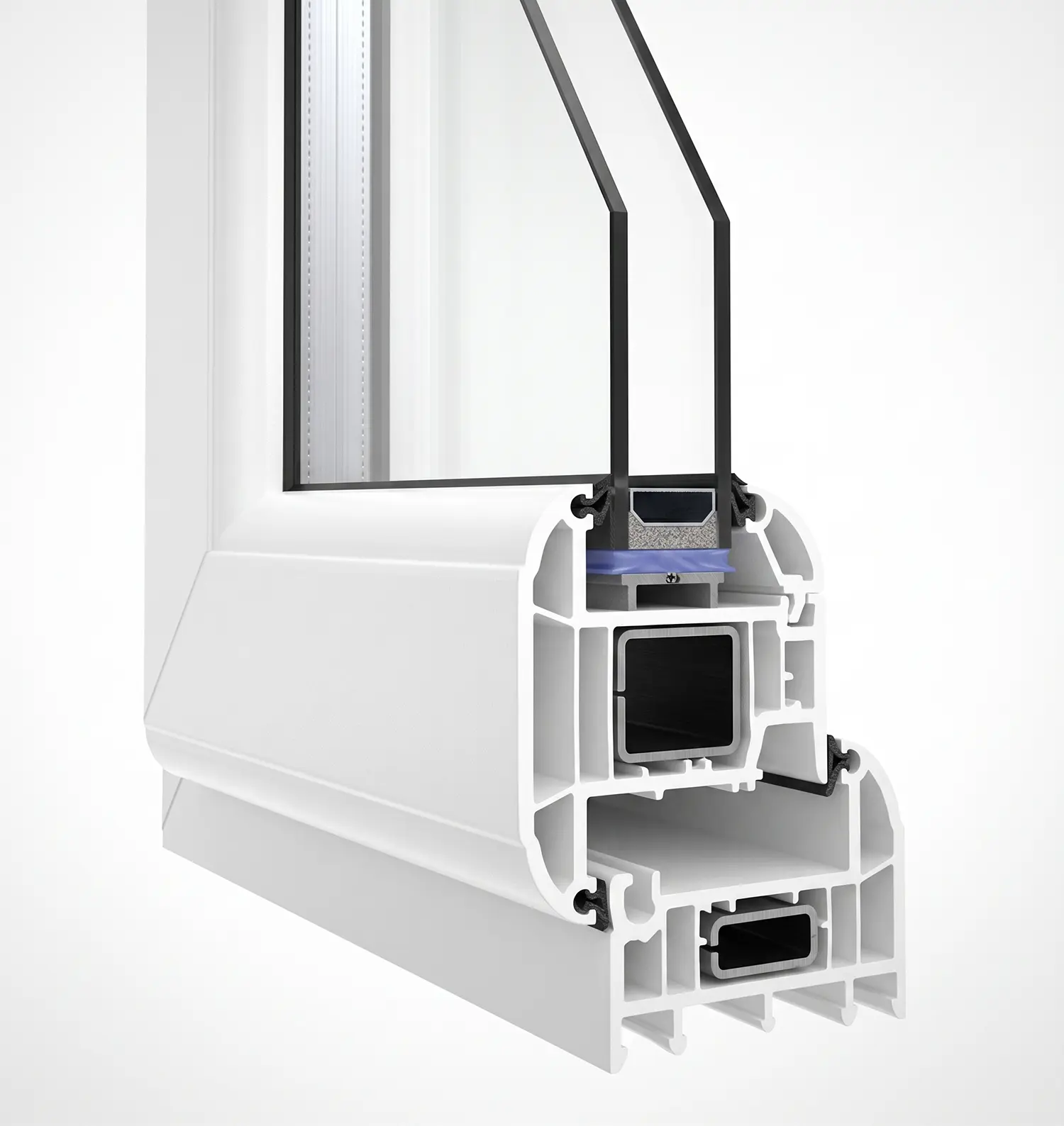 Double glazed uPVC window profile showing two panes of glass and insulated frame