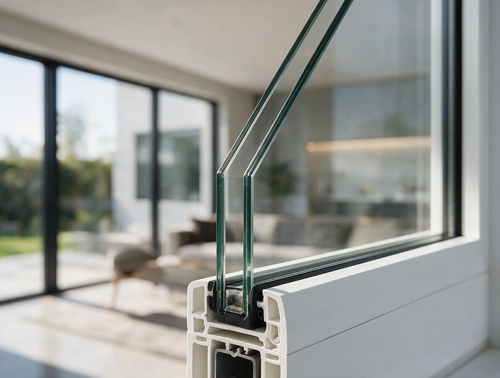 Double glazed uPVC window showing two panes of glass and insulated glazing cavity