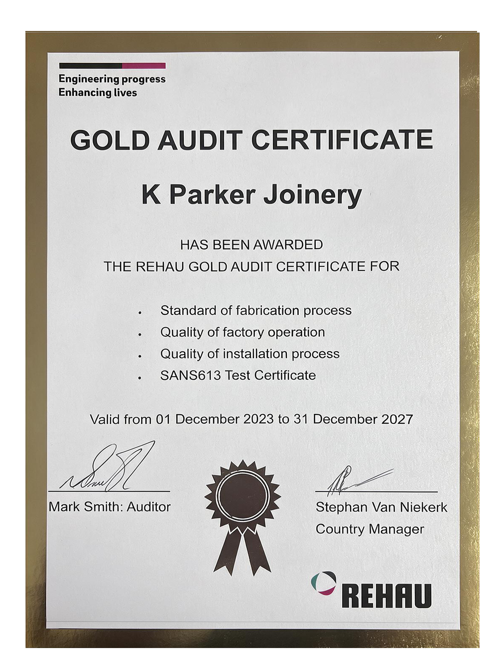 K Parker Joinery REHAU Gold Audit Certificate