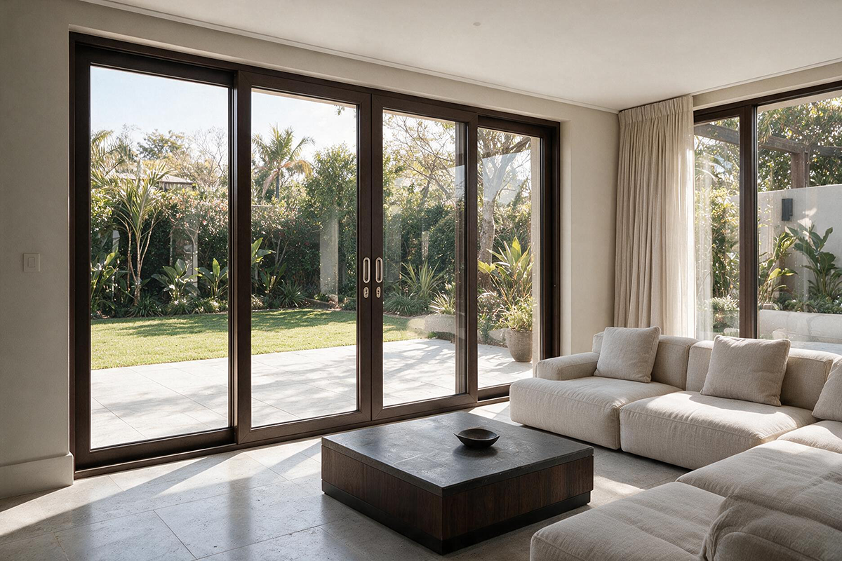 Sepia Brown uPVC sliding patio doors in a modern home