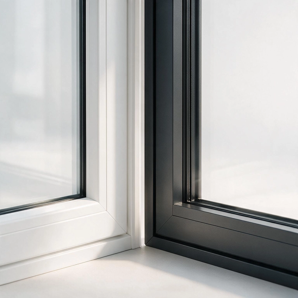 Visual comparison of white uPVC and dark aluminium window frames